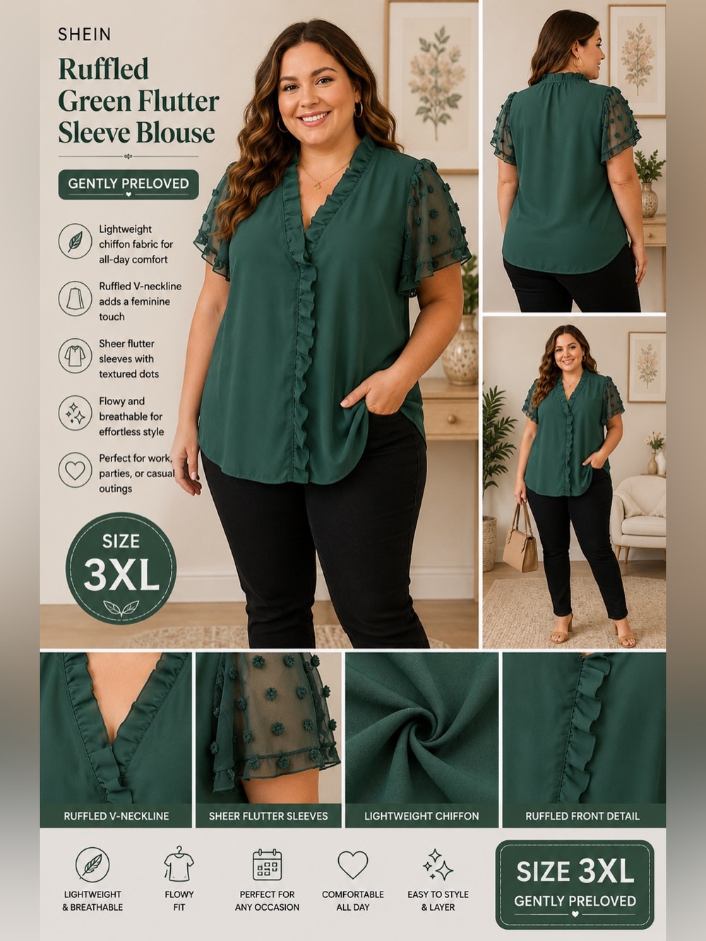 SHEIN 3XL Ruffled Green Flutter Sleeve Blouse